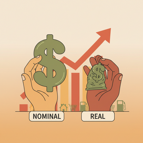 An illustration showing the difference between Real vs. Nominal Interest Rates, with one hand holding a larger nominal dollar sign and another holding a smaller real dollar sign to visualize inflation's impact.