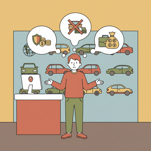 Illustration of a person standing at a rental car counter, looking confused about rental car insurance options and costs.