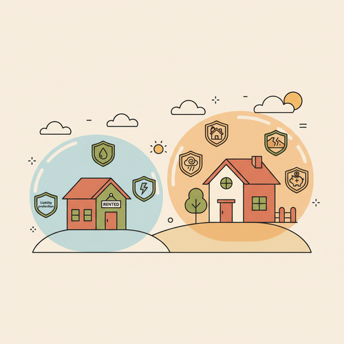 A flat design illustration comparing Renter's Insurance vs. Landlord Insurance, showing separate coverage for a tenant's belongings and the landlord's property.