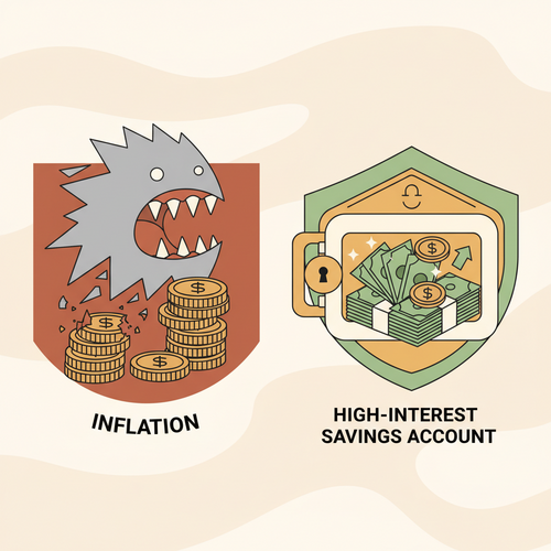 Illustration depicting inflation eroding money while high-interest savings accounts protect and grow funds, explaining the correlation between inflation and high-interest savings accounts.