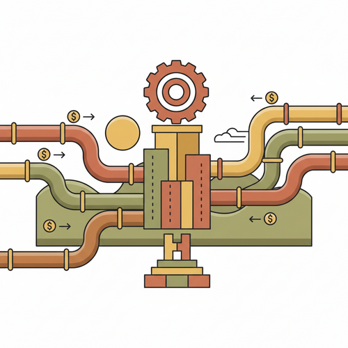 Flat design illustration of a small business with multiple, varied pipelines feeding into it, symbolizing the diversification of revenue streams for small businesses, showing financial stability and growth.