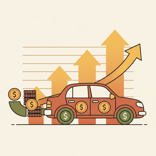 Flat design illustration of a car with money symbols and upward arrows representing rising interest rates, conceptualizing the impact of rising interest rates on auto loans.
