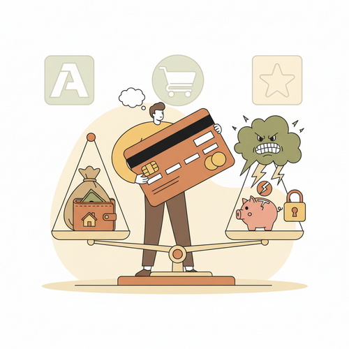 Illustration of a person weighing the pros and cons of co-branded retail credit cards on a scale, with store logos in the background.