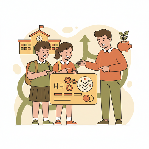 Illustration showing students and an adult with a credit card, symbolizing the concept of co-signed credit cards for students and shared financial responsibility.
