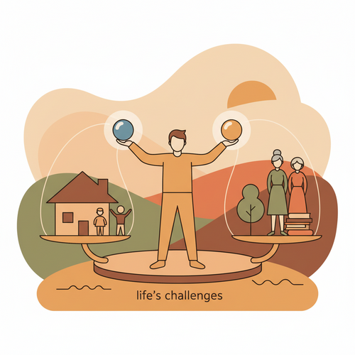 An illustration depicting a person balancing the financial needs of children and aging parents, representing the complexities of Sandwich Generation finances and multi-generational financial planning.