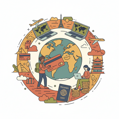 Illustration of a digital nomad sitting with a laptop and a globe, holding several best travel credit cards for digital nomads in 2026, surrounded by currency symbols and travel icons.