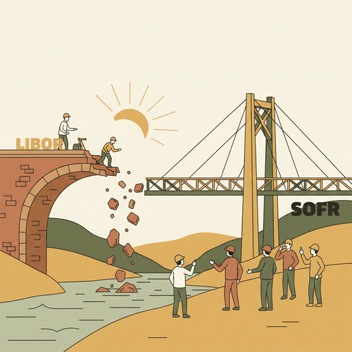 Flat design illustration showing the LIBOR to SOFR transition, with an old bridge (LIBOR) being replaced by a new, stable bridge (SOFR), symbolizing the financial market shift for borrowers.