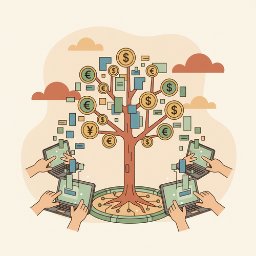 Illustration depicting a UGC Creator earning without followers, showing digital content creation leading to financial growth.