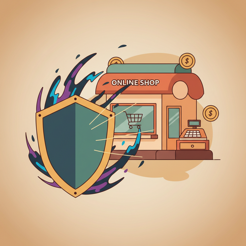A flat design illustration of a cybersecurity shield protecting a small e-commerce business from various digital threats, emphasizing the need for cyber insurance for small e-commerce businesses.