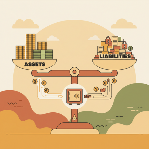 An illustration representing working capital management, showing a balanced scale with assets and liabilities, symbolizing strategies to improve liquidity and cash flow.