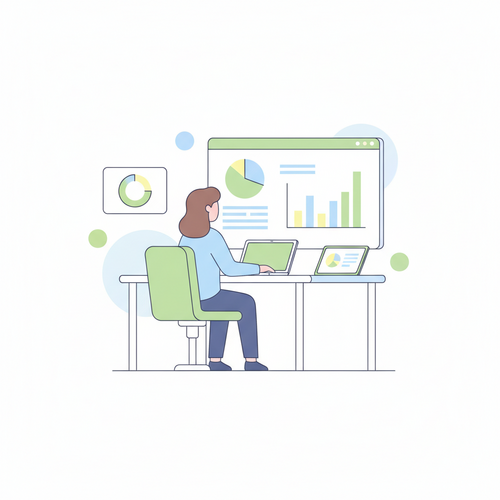 Illustration of a small business owner reviewing a dashboard of financial ratios, including current ratio, debt-to-equity, gross profit margin, net profit margin, and cash conversion cycle, representing small business financial ratios.