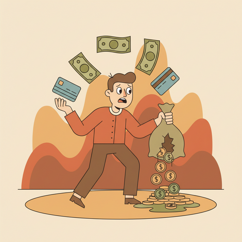 A cartoon person looking stressed while juggling bills and credit cards, with a money bag leaking coins, representing the concept of living beyond your means.