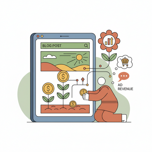 An illustration depicting the process of blogging for profit, showcasing SEO strategies leading to increased ad revenue for beginner investors.