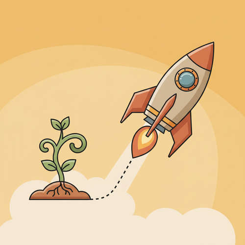 An illustration comparing bootstrapping (a small plant growing organically) and VC funding (a rocket taking off) in a flat design style.