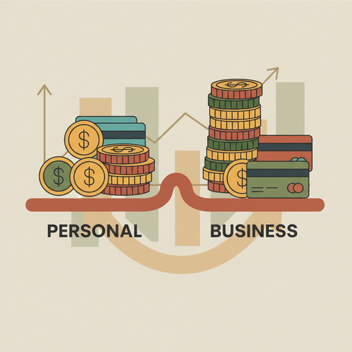 Flat design illustration showing business credit cards and personal credit cards clearly separated, symbolizing the importance of distinguishing business and personal expenses for financial clarity.