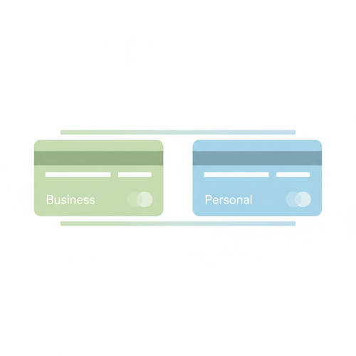 Illustration showing two distinct credit cards, one labeled 'Business' and the other 'Personal', clearly separated by a line or barrier, symbolizing financial separation.