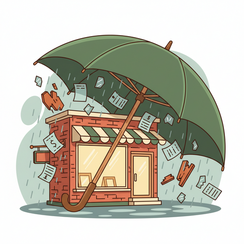 Cartoon illustration of a business protected by an umbrella, representing business interruption insurance during a crisis.