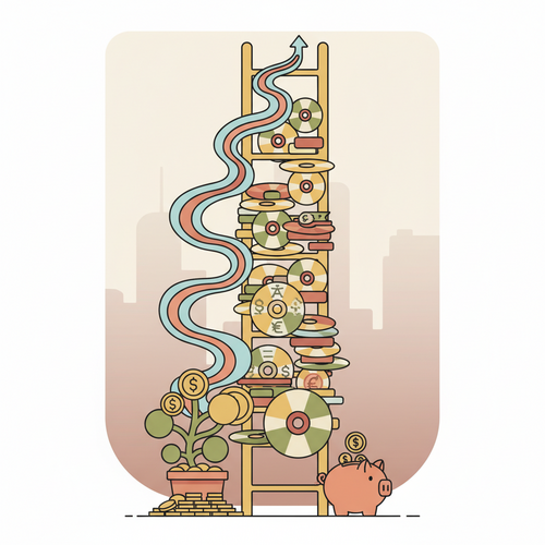 A visual metaphor of CD laddering, showing certificates of deposit arranged like a ladder with money growing, representing CD Laddering Strategy and maximized returns.