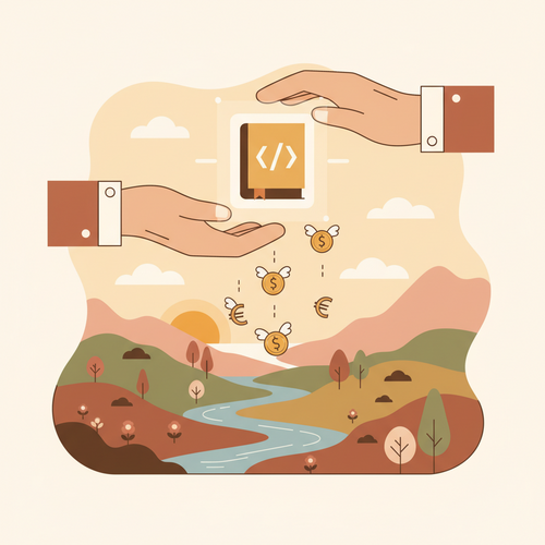 Illustration of hands holding a digital product, symbolizing creating and selling digital products for passive income.