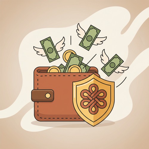 Flat design illustration of a wallet with money escaping and a shield blocking foreign transaction fees, representing saving money while traveling.