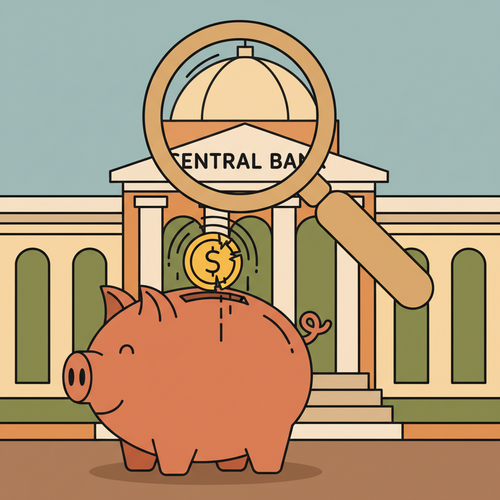 Flat design illustration showing the impact of central bank rate cuts on a savings account, with a shrinking coin representing money losing value.