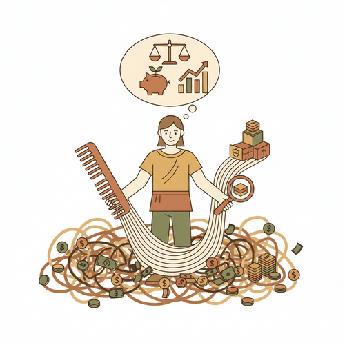 Flat design illustration of a person with ADHD effectively managing money with organized tools and a clear mind.