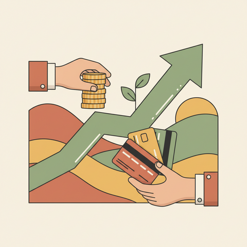 Illustration of hands holding credit cards and coins, with an upward arrow representing growth, symbolizing how to maximize credit card sign-up bonuses without overspending for financial gain.