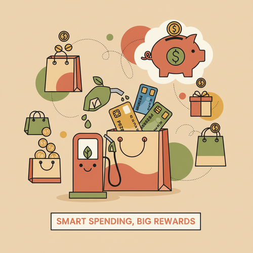 Illustration of credit cards, grocery bags, and a gas pump, symbolizing the best credit cards for groceries and gas rewards in 2026 and smart financial planning.