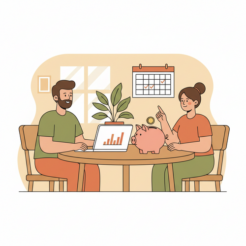 A flat design illustration of a happy couple having a money date, reviewing their finances together on a laptop with a piggy bank and calendar on the table.