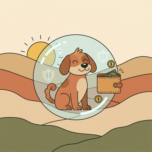 Flat design illustration of a happy pet protected by an insurance shield, representing the value of pet insurance for your furry friend.