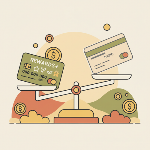 Illustration comparing Premium vs No Annual Fee Credit Cards on a scale, symbolizing the financial decision.