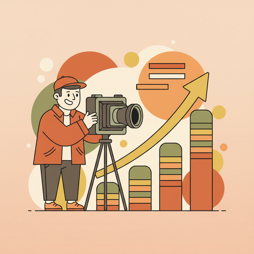 Illustration of a person selling stock photos and videos, turning their hobby into income.