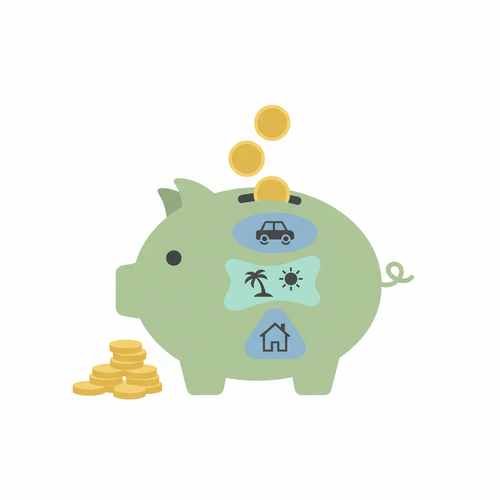 Illustration of various sinking funds represented by labeled jars of money for large purchases like a car, house, or vacation