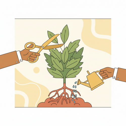 An illustration depicting strategic cost reduction, showing hands carefully trimming expenses while nurturing business growth.
