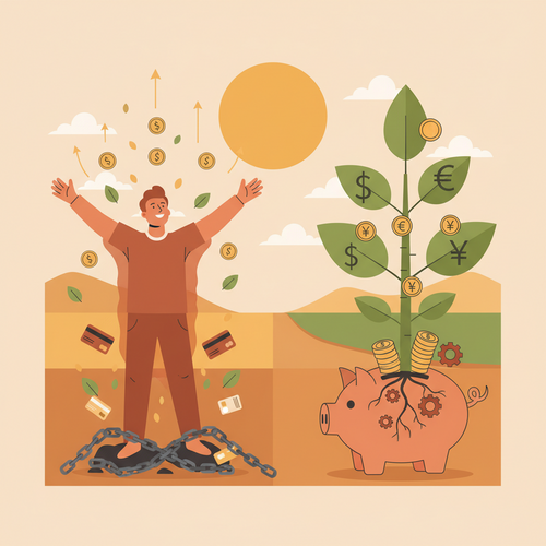 Flat design illustration of a person breaking free from spending chains, symbolizing a successful 30-day financial detox to reset spending habits.