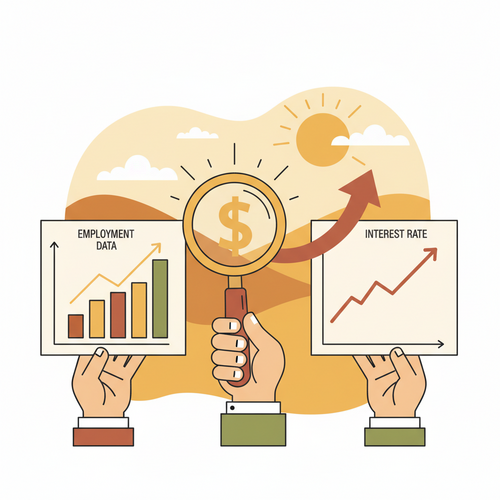 Illustration showing the connection between strong employment data and rising federal interest rates.