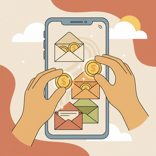 Illustration of hands placing digital money into a smartphone, representing the digital envelope budgeting system.