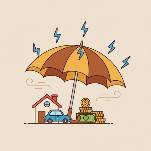 A cartoon illustration of an umbrella shielding assets like a house, car, and money from financial claims, representing the protection offered by umbrella insurance.