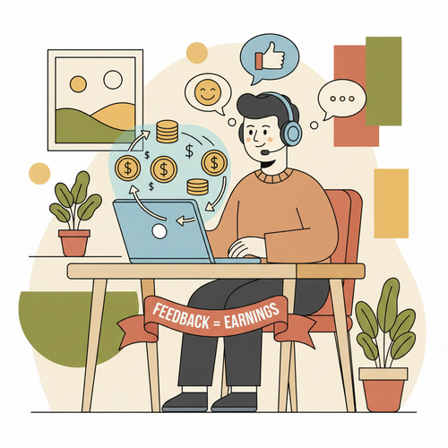 Illustration of a person earning money reviewing websites, depicting a user tester with a laptop and headset, symbolizing user testing platforms.