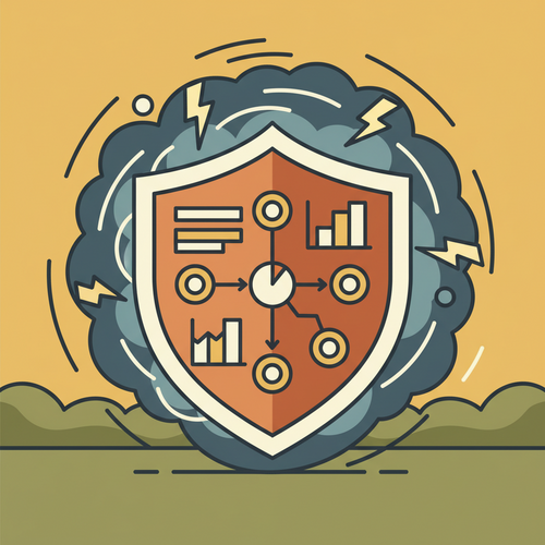 Actuarial Risk Mitigation: A conceptual illustration of a sturdy financial shield protecting assets from economic volatility and complex liabilities.
