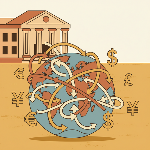 Illustration depicting central bank monetary policy influencing cross-border interest arbitrage and global capital flows.