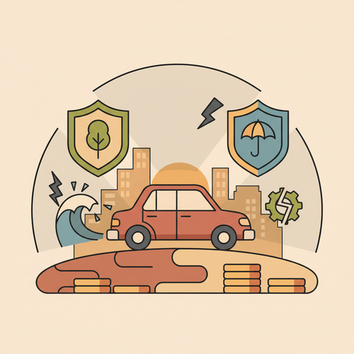 Illustration depicting comprehensive and collision auto insurance as two distinct shields protecting a vehicle, representing financial security and risk mitigation