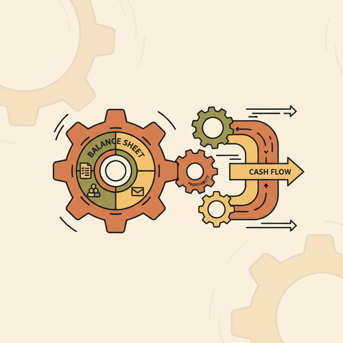 Illustration of corporate balance sheet restructuring and dynamic cash flow modeling, showing financial gears working in sync for optimal performance.