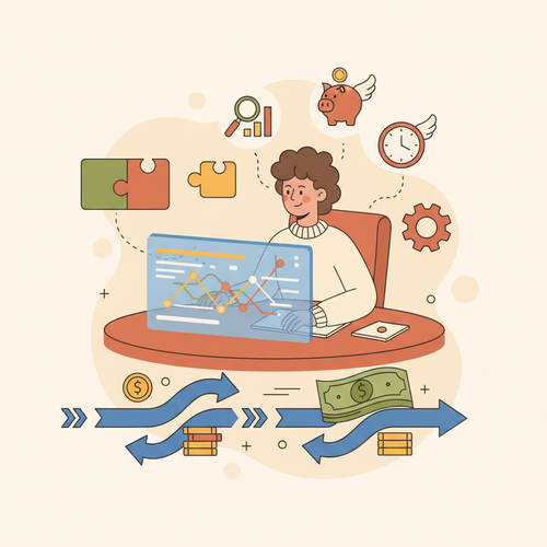 Illustration of corporate treasury liquidity optimization, depicting a professional analyzing dynamic cash flow models on a digital dashboard.