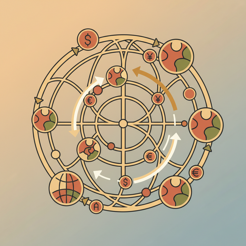 Conceptual flat design illustration of decentralized digital infrastructure facilitating scalable remote capital generation across global nodes.
