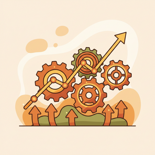 Flat design illustration depicting interconnected gears symbolizing enterprise SaaS ecosystems, with an upward arrow indicating asymmetric revenue generation frameworks and growth.
