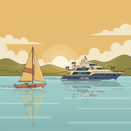 Illustration comparing Fat FIRE vs. Lean FIRE, showing a small, efficient boat and a large, comfortable yacht to represent different retirement lifestyles.