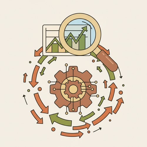 Flat design illustration of a chart with volatile lines and a magnifying glass, representing fixed income volatility analytics and benchmark rate forecasting in a professional financial context.