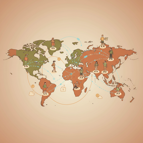 Flat design illustration of global digital infrastructure connecting diverse individuals, symbolizing global gig economy monetization strategies and human capital flows.