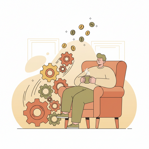 Flat design illustration showing automated savings and investments growth with a person watching gears turn.